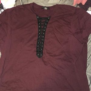 maroon lace up t shirt